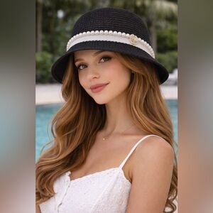 Black Straw Cloche Hat w/ Pearl Detail – Chic Elegant Classic 🖤🤍